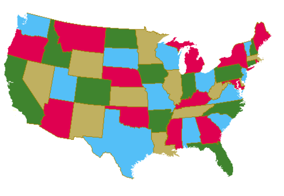 Mit 4 Farben eingefärbte Karte der USA VV